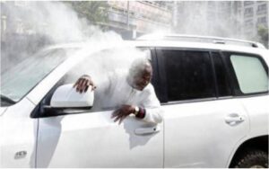 Anti-riot police hurled a tear gas canister through the window of Caleb Amisi's vehicle as he travelled with an opposition convoy linked to the late Raila Odinga's NASA coalition. Photo: Caleb Amisi. Source: X.